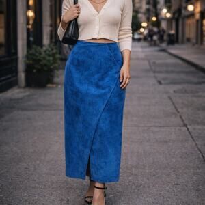 Vintage 1980s Blue Suede Long Wrap Pencil Skirt Sz 8 / Medium Maximalist Pocket